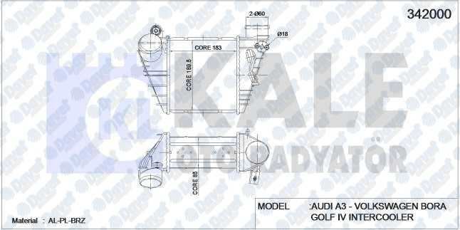 KALE 342000 Turbo Radyatoru (Intercooler) Vw A3 (8l1) / Bora-Golf Iv (183x189.5x85) (Al/Pl/Brz)